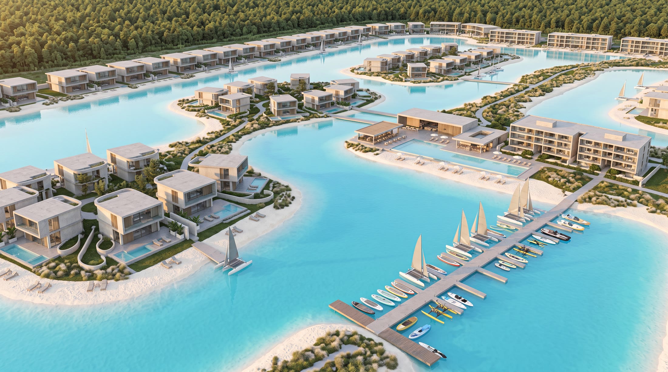 Artist visualization of a lagoon community seen from above, with villas, low-rise residences, a shared clubhouse and pool, and a dock with small sailboats.